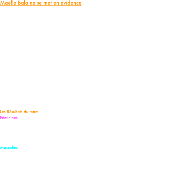 Maëlle Balaine se met en évidence

Sur le parcours surement le plus roulant de l’hexagone à Lille, les onze athlètes du PM Elite Team engagés ce samedi sur le 5km de l’urban trail lillois ont affolé le chronomètre en revenant avec huit records personnels sur la distance.

Chez les féminines, la plus belle performance est venue de la foulée d’une Maëlle Balaine des grands soirs qui au terme d’une course en accélération progressive a signé le premier chrono de sa carrière sous les 17 minutes en coupant la ligne en 16’48. 
Nos trois autres drôles de dames se sont également mises en évidence en pulvérisant elles aussi leur record personnel : Stecy Dolay en grande forme a retranché près de 45 secondes à sa meilleure performance en bouclant la distance en 17’13, nos cadettes Justine Leclercq et Lisa Galzin au terme d’une jolie course d’équipe ont coupé de leur côté la ligne en 18’50 et 18’51 signant des performances pleines de promesses.

Nos masculins ont quant à eux un peu plus souffert malgré les jolis records personnels de notre espoir Esteban Girardot (15’31) et de notre junior 1ère année Elliot Bouzy (15’41).

Les Résultats du team
Féminines
15.Maëlle Balaine 16’48 (RP) 
20.Stecy Dolay 17’13 (RP)
60.Justine Leclercq 18’50 (RP) (4ème cadette)
62.Lisa Galzin 18’51 (RP) (5ème cadette)
Masculins
87.Esteban Girardot 15’31 (RP) (17ème espoir)
91.Benoit Fraissais 15’32 (18ème espoir)
108.Elliot Bouzy 15’41 (RP) (12ème junior)
138.Nathanaël Hartel 15’57 (11ème cadet)
148.Mathyas Pierlay 16’01 (13ème cadet)
235.Léandre Baticle 16’42 (46ème espoir)
278.Jules Dehue 17’01 (RP)
















