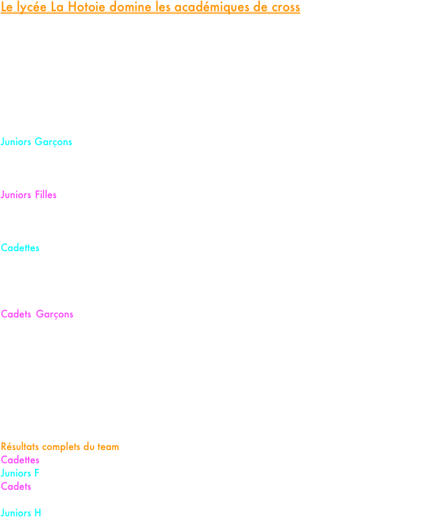 Le lycée La Hotoie domine les académiques de cross

Les jeunes athlètes du PM Elite Team, représentant le lycée de La Hotoie (Amiens), ont fait une véritable démonstration de force ce mercredi lors des Championnats d’Académie scolaires de cross-country qui se tenaient à Compiègne. 

Les "hommes en noir" ont balayé la concurrence, raflant la victoire dans les quatre catégories où ils étaient engagés, et ont obtenu leur précieux sésame pour les Championnats de France de la discipline, prévus début février à Aix-les-Bains.

Juniors Garçons : La course a été survolée par le duo Noé Briois et Nathanaël Hartel. Après avoir parfaitement géré l’entame de course, Noé a accéléré irrésistiblement aux deux tiers du parcours pour s'imposer avec une petite centaine de mètres d’avance sur son camarade d’entraînement.

Juniors Filles : Dans une forme éblouissante, Clara Morin n'a rencontré aucune opposition de son calibre. Elle s'est littéralement "promenée" dans la forêt de Compiègne, s'imposant avec une avance spectaculaire de deux minutes sur sa première poursuivante.

Cadettes : Alors que l'issue de la course semblait plus incertaine, nos deux cadettes première année, Jeanne Correur et Andréa Lou Lavoine, ont signé un magnifique doublé. Jeanne Correur s'est imposée en solitaire, franchissant la ligne d'arrivée avec 17 secondes d'avance sur sa camarade.

Cadets Garçons : Louis Cera a marqué les esprits en s’envolant dès les premiers mètres, après avoir bouclé le premier kilomètre en 2'52". Gérant par la suite son effort à la perfection il s’est assuré une victoire très confortable aux dépens de notre jeune spécialiste du 800 mètres, Matas Rousseau. Ce dernier démontrant, avec cette belle deuxième place, les progrès énormes qu’il a réalisé dans le secteur aérobie au cours des deux dernières saisons. À noter également dans cette catégorie la belle cinquième place de Valentin Beral, qui termine tout près du podium.

Cap désormais sur Aix les bains où les jeunes pousses du team tenteront de conserver début février leur titre  national scolaire, décroché l’an dernier aux Mureaux.

Résultats complets du team
Cadettes : 1.Jeanne Correur 2.Adréa Lou Lavoine
Juniors F : 1.Clara Morin
Cadets : 1.Louis Cera 2.Matas Rousseau 5.Valentin Beral 9.Samuel Michel 15.Nathan Giraut 19.Dorian Larcher (lycée Thuillier)
Juniors H : 1.Noé Briois 2.Nathanael Harte


























