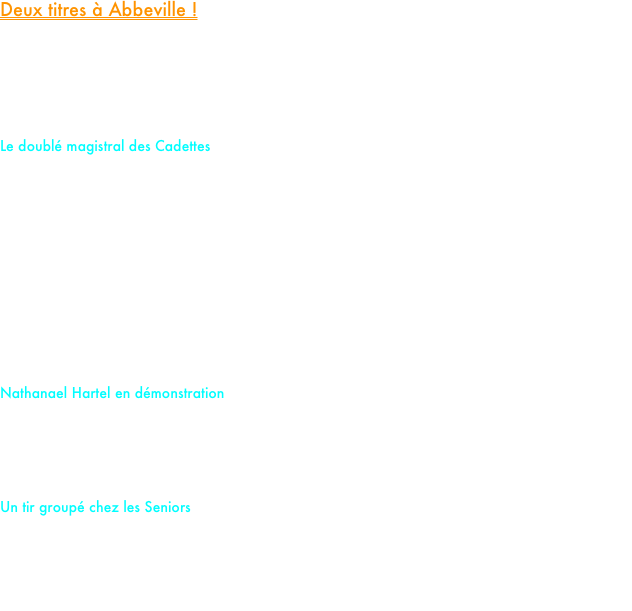 Deux titres à Abbeville !

Ce dimanche, les sous-bois d'Abbeville ont vibré au rythme des foulées de nos crossmen lors des championnats de la Somme. Si une grande partie de l'effectif peaufine encore sa préparation pour les échéances régionales, sept de nos athlètes étaient alignés au départ pour porter haut les couleurs du team.

Le doublé magistral des Cadettes
Chez les cadettes, la hiérarchie a été respectée. Déjà sacrée au niveau régional scolaire, Jeanne Correur a une nouvelle fois fait étalage de son talent. En survolant l'épreuve de bout en bout, elle s'offre le titre départemental avec aisance.
Le bonheur est double puisque sa camarade d'entraînement, Andrea Lou Lavoine, s’empare d’une superbe deuxième place. 
Rendez-vous aux France UNSS, où la confrontation avec une adversité plus dense permettra de jauger l'étendue de leur potentiel.

Note : Une pensée pour Justine Leclercq qui, dans cette même course (regroupant cadettes et juniors), a été contrainte à l'abandon suite à une hypoglycémie. Nul doute qu’elle reviendra plus forte pour la suite de la saison.

Nathanael Hartel en démonstration
Grand favori chez les juniors garçons, Nathanael Hartel n'a pas tremblé. Parti en tête dès les premiers mètres, il a mené une course solitaire pour s'imposer avec autorité. Cette domination sans partage confirme ses ambitions pour la suite de l'hiver : Nathanael sera clairement un candidat sérieux pour le podium régional.

Un tir groupé chez les Seniors
Dans la course reine, nos coureurs ont montré de la solidité au cœur d’un peloton relevé. Baptiste Garet signe une belle performance en décrochant une très belle 6ème place. Il est suivi de près par Léandre Baticle, qui termine à une solide 8ème position. De son côté, Jules Dehu, venu travailler son foncier loin de ses standards habituels du 800m, prend la 22ème place de ce cross exigeant.
























