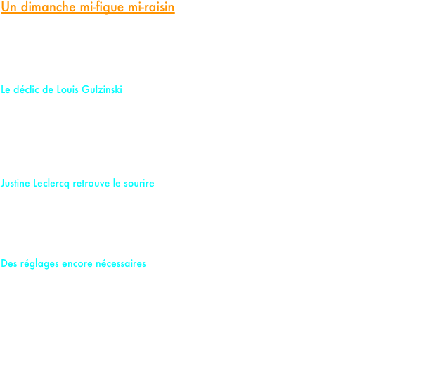Un dimanche mi-figue mi-raisin

Le stadium couvert de Liévin accueillait ce dimanche une journée open en salle où cinq de nos athlètes étaient alignés. Un bilan contrasté, mais marqué par deux belles performances qui confirment la montée en puissance de nos leaders.

Le déclic de Louis Gulzinski
Un des homme en forme du moment, c’est incontestablement Louis Gulzinski. Seulement 24 heures après avoir pulvérisé son record sur 800m à Gand, Louis a récidivé sur le double tour de piste. Grâce à un départ plein d'autorité, il claque un solide 50''74 sur 400m. Après quelques saisons où son investissement à l’entraînement ne reflétait pas toujours son véritable potentiel, ce record personnel semble acter le "déclic" tant attendu pour notre demi-fondeur.

Justine Leclercq retrouve le sourire
L’autre satisfaction nous vient de notre junior première année, Justine Leclercq. En proie au doute depuis le début de saison, Justine a fait preuve d'une belle force de caractère sur le 3000m. Elle boucle la distance en 10'36''63, une performance probante qui lui permet de faire le plein de confiance pour les échéances à venir.

Des réglages encore nécessaires
Pour le reste du groupe, la journée fut plus laborieuse. Sur 800m, Jules Dehuetermine en 2'03''30, tandis que notre cadet 1 Samuel Michel boucle son effort en 2'06''52. Des chronos un ton en dessous des attentes pour nos deux athlètes, qui devront se montrer moins timides et s’engager davantage pour espérer de meilleurs résultats. 
Enfin, sur 400m féminin, Marylou Tison Dubois a connu une course difficile, terminant en 67''71.
Si tout n'a pas été parfait ce dimanche, la dynamique impulsée par Louis et Justine montre la voie au reste du team. 

Le travail continue !

















