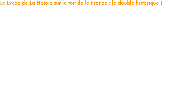 Le Lycée de La Hotoie sur le toit de la France : le doublé historique !

Ils l’ont fait. Ce jeudi, sous le ciel d’Aix-les-Bains, les six athlètes du PM Elite Team ont prouvé que la victoire n’était pas un hasard, mais une habitude. En s'imposant lors du championnat de France scolaire de cross-country, le lycée de La Hotoie d'Amiens conserve son titre de champion de France pour la deuxième année consécutive.

La dynamique a été lancée dès les premières courses par nos cadettes première année Jeanne Correur (7e) et Andrea-Lou Lavoine (14e) qui ont fait preuve d’une maturité impressionnante pour placer l'équipe sur de bons rails. La suite fut une véritable démonstration de force et de régularité. Chez les juniors, Clara Morin s'empare d'une magnifique médaille d'argent, imitée chez les garçons par Noé Briois vice-champion de France, tandis que Nathanael Hartel accroche une solide 8e place. Enfin, en cadets, Louis Cera boucle ce tableau d'honneur avec une très belle 7e position.

Une performance collective qui a fait le bonheur de toute l’équipe pédagogique du lycée de La Hotoie Amiens qui se démène année après année pour proposer des aménagements horaires permettant à tous nos athlètes de mener à bien leur double projet !























