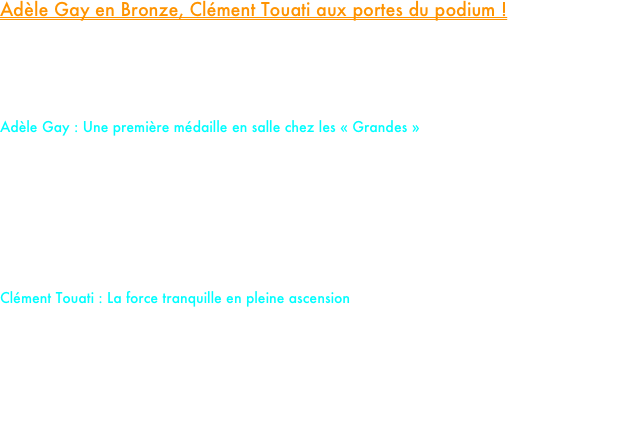 Adèle Gay en Bronze, Clément Touati aux portes du podium !

Le week-end dernier, Clermont-Ferrand vibrait au rythme des Championnats de France Élite. Sous les projecteurs du Stadium Jean-Pellez, nos deux leaders, Adèle Gay et Clément Touati, ont porté haut les couleurs du team avec des performances de premier plan.

Adèle Gay : Une première médaille en salle chez les « Grandes »
Sur 1500 m, le duel tant attendu avec la championne d’Europe en titre, Agathe Guillemot, a tenu toutes ses promesses. Dans une course très tactique, Adèle a tout tenté pour bousculer la hiérarchie et réitérer son exploit de l'été dernier. Si la victoire lui échappe cette fois face à une rivale intouchable lors de l'emballage final à 350 m du but, Adèle s'offre une magnifique médaille de bronze en 4’20’’60. Malgré un léger relâchement dans l'ultime ligne droite qui lui coûte l’argent, ce premier podium national chez les seniors en salle confirme son statut de prétendante aux mondiaux qui se dérouleront à Torun (Pologne) du 20 au 22 mars !

Clément Touati : La force tranquille en pleine ascension
Engagé sur un 3000 m de haute volée, Clément Touati a livré une prestation de toute beauté. S'il a manqué d'un soupçon d'audace pour accrocher le wagon de tête à 600 m de l'arrivée, sa fin de course a été fulgurante. Après avoir temporisé un peu trop longtemps, Clément a déclenché un sprint dévastateur dans les 400 derniers mètres, échouant au pied du podium derrière Arthur Gervais. Cette 4ème place témoigne de sa progression constante depuis deux saisons. Un résultat de bon augure avant les Championnats de France de cross dimanche prochain, où son punch final pourrait lui permettre de se mettre en évidence.



















